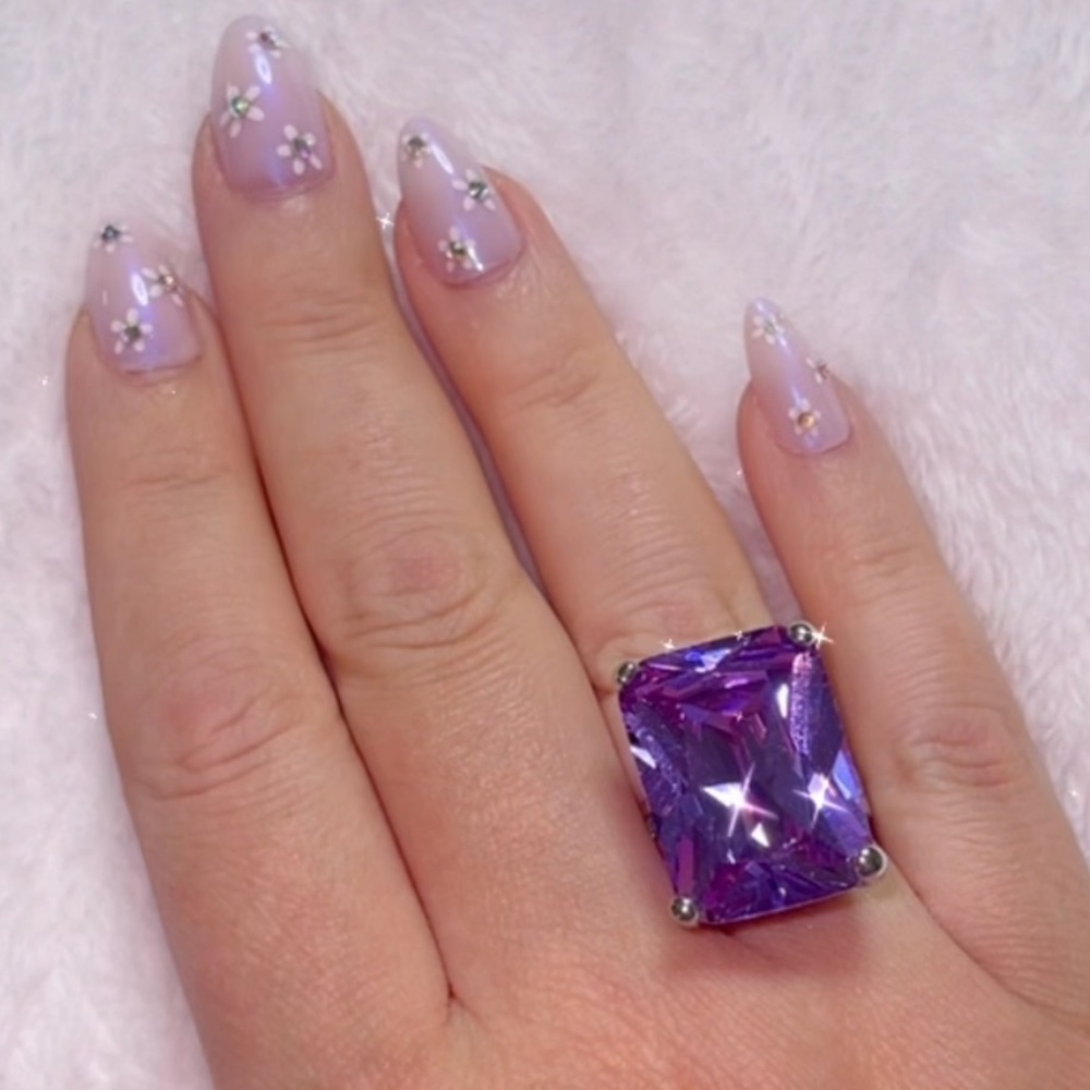 Sz 9 Elegant Purple Statement Ring - Large Square Gem